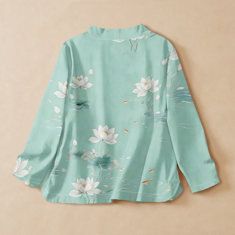 Buddha Stones Cotton Lotus Koi Fish Print Hanfu Style Wrap V-Neck Lace-up Women's Long Sleeve Shirts Kimono - image 1