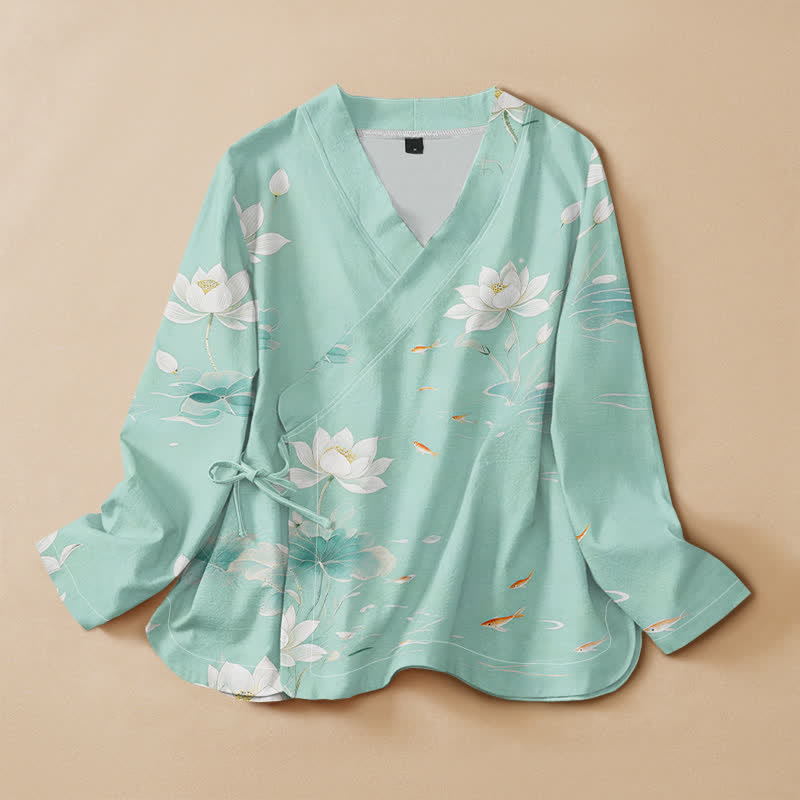 Buddha Stones Cotton Lotus Koi Fish Print Hanfu Style Wrap V-Neck Lace-up Women's Long Sleeve Shirts - PaleTurquoise - US16，UK/AU20，EU48 (3XL) - image 0