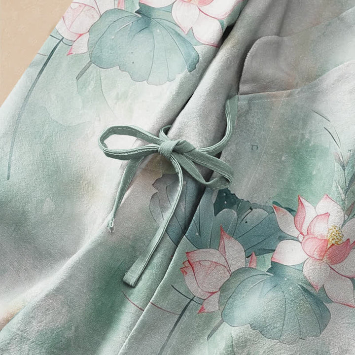Buddha Stones Cotton Lotus Blossom Print Hanfu Style Wrap V-Neck Lace-up Women's Long Sleeve Shirts Kimono - image 3