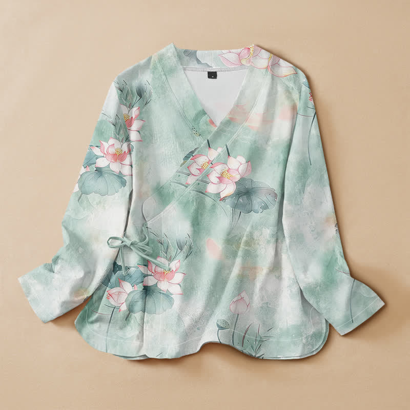 Buddha Stones Cotton Lotus Blossom Print Hanfu Style Wrap V-Neck Lace-up Women's Long Sleeve Shirts Kimono - PaleTurquoise - US16，UK/AU20，EU48 (3XL) - image 0