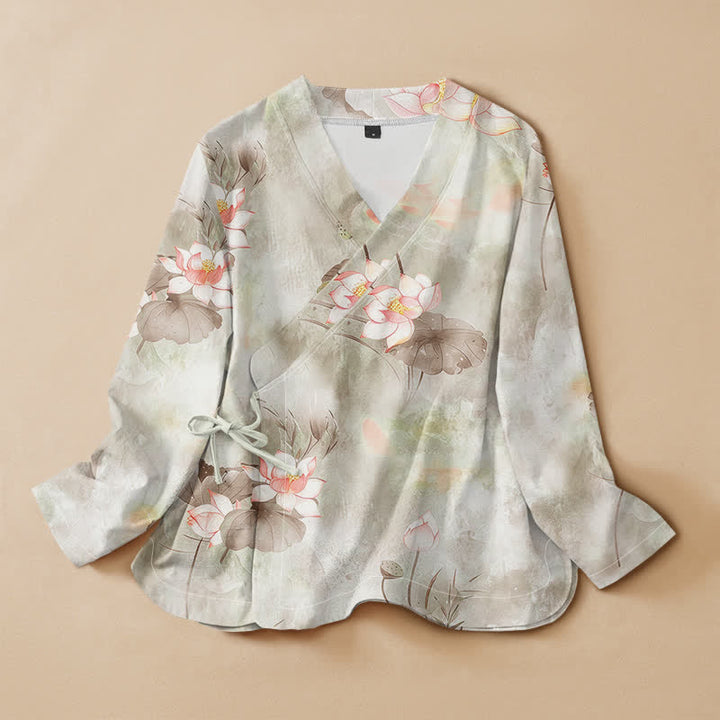 Buddha Stones Cotton Lotus Blossom Print Hanfu Style Wrap V-Neck Lace-up Women's Long Sleeve Shirts Kimono - Beige - US16，UK/AU20，EU48 (3XL) - image 5