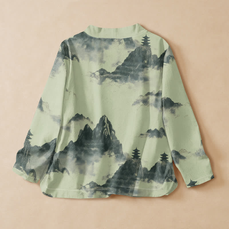 Buddha Stones Cotton Ink Landscape Pagoda Print Hanfu Style Wrap V-Neck Lace-up Women's Long Sleeve Shirts - image 1