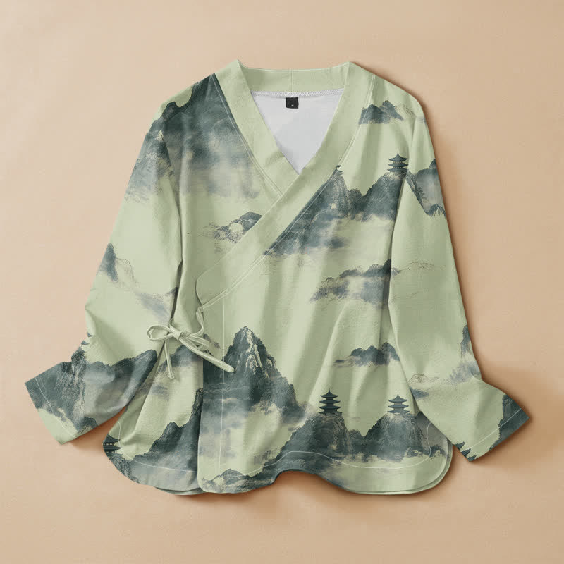 Buddha Stones Cotton Ink Landscape Pagoda Print Hanfu Style Wrap V-Neck Lace-up Women's Long Sleeve Shirts Kimono - PaleGreen - US16，UK/AU20，EU48 (3XL) - image 0