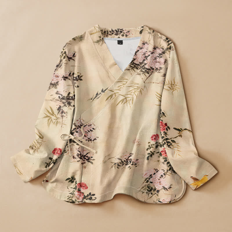 Buddha Stones Cotton Bamboo Blossom Print Hanfu Style Wrap V-Neck Lace-up Women's Long Sleeve Shirts - Beige - US16，UK/AU20，EU48 (3XL) - image 0