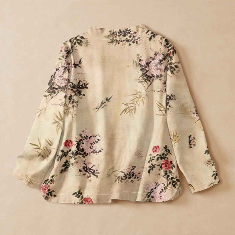 Buddha Stones Cotton Bamboo Blossom Print Hanfu Style Wrap V-Neck Lace-up Women's Long Sleeve Shirts Kimono - image 1