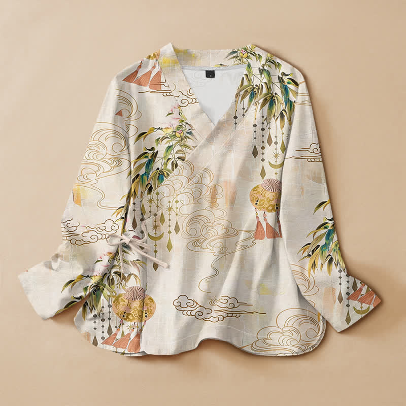 Buddha Stones Cotton Cloud Leaf Tassel Print Hanfu Style Wrap V-Neck Lace-up Women's Long Sleeve Shirts - Linen - US16，UK/AU20，EU48 (3XL) - image 0