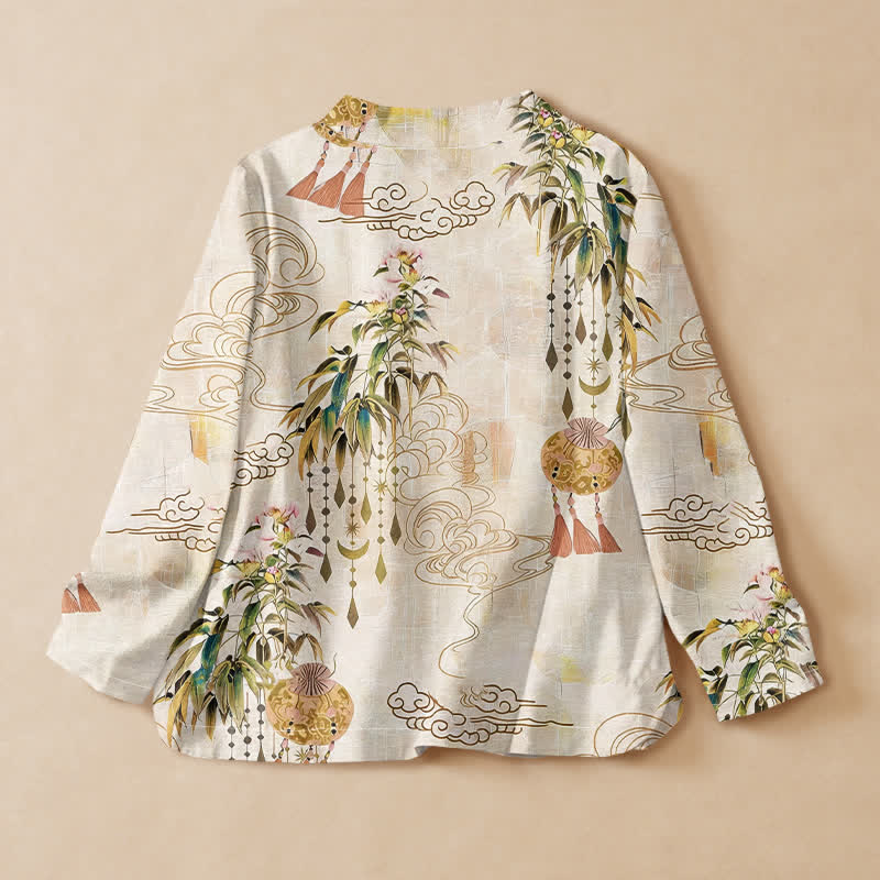 Buddha Stones Cotton Cloud Leaf Tassel Print Hanfu Style Wrap V-Neck Lace-up Women's Long Sleeve Shirts - image 1