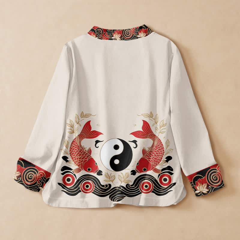 Buddha Stones Cotton Koi Fish Yin Yang Lotus Print Hanfu Style Wrap V-Neck Lace-up Women's Long Sleeve Shirts Kimono - image 1