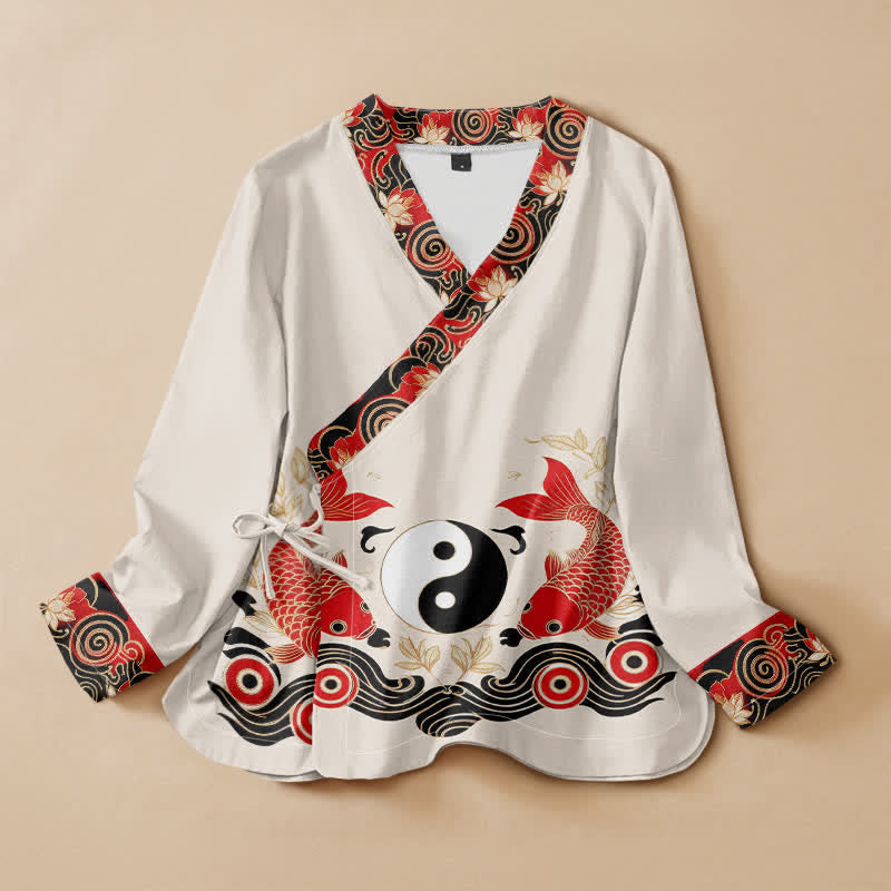 Buddha Stones Cotton Koi Fish Yin Yang Lotus Print Hanfu Style Wrap V-Neck Lace-up Women's Long Sleeve Shirts - Ivory - US16，UK/AU20，EU48 (3XL) - image 0