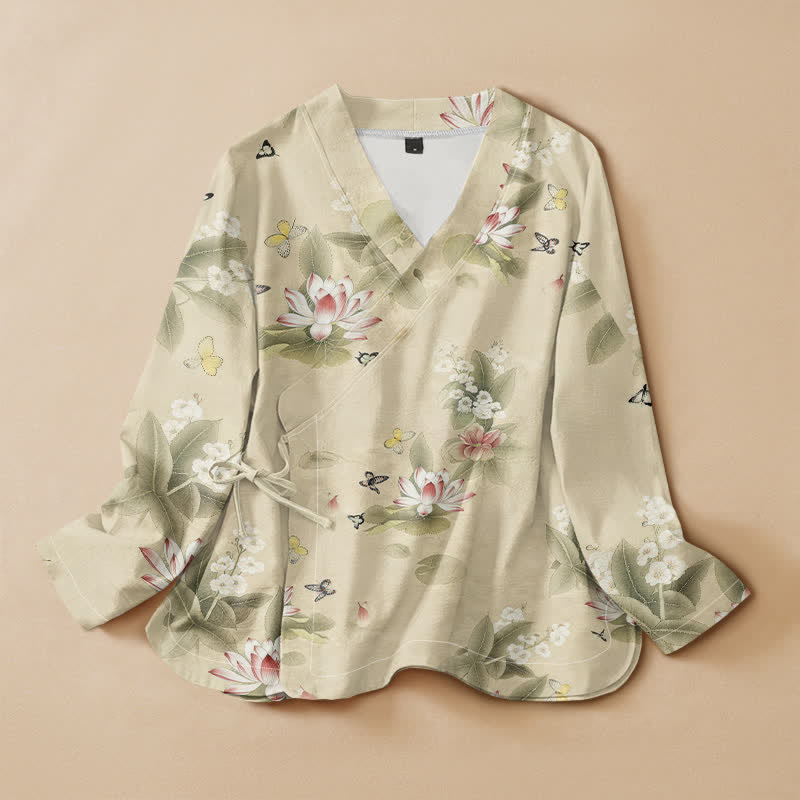 Buddha Stones Cotton Lotus Leaf Butterfly Print Hanfu Style Wrap V-Neck Lace-up Women's Long Sleeve Shirts - LightGoldenrodYellow - US16，UK/AU20，EU48 (3XL) - image 0
