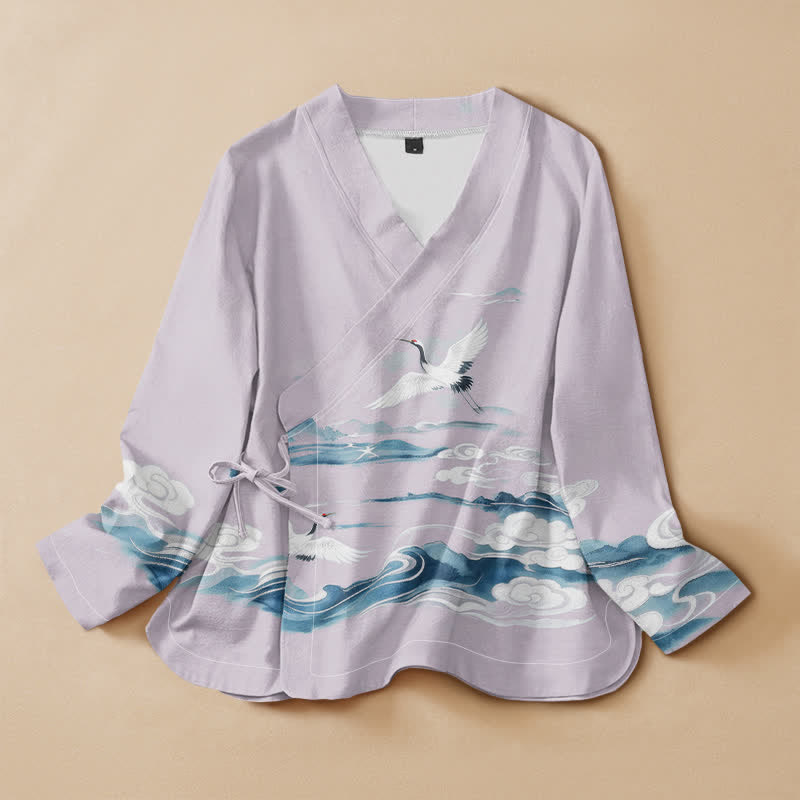 Buddha Stones Cotton Flying Crane Clouds Pattern Wrap V-Neck Lace-up Women's Long Sleeve Shirts - Lavender - US16，UK/AU20，EU48 (3XL) - image 5