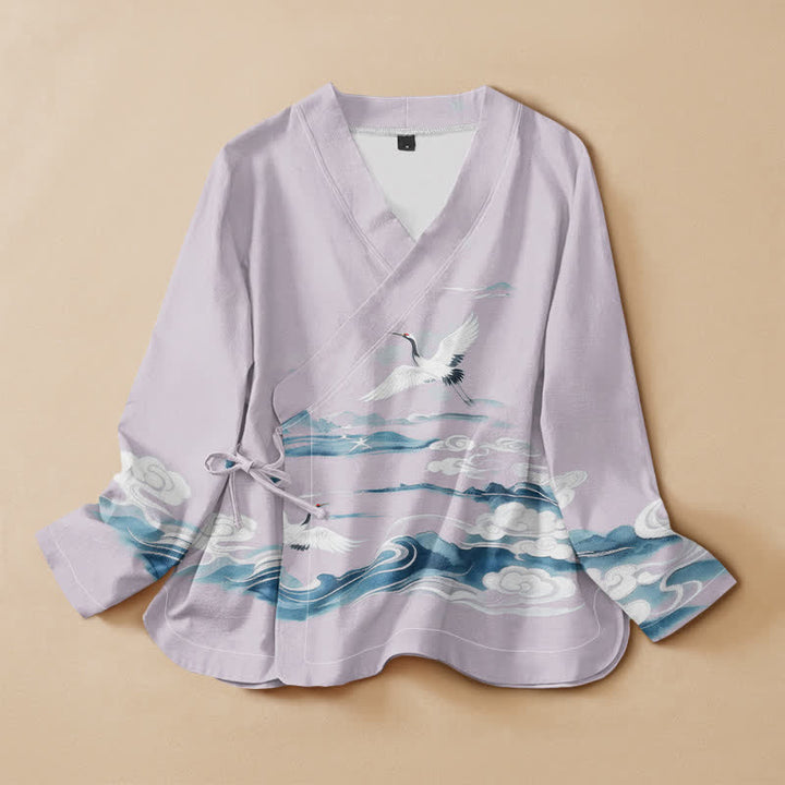 Buddha Stones Cotton Flying Crane Clouds Pattern Wrap V-Neck Lace-up Women's Long Sleeve Shirts - Lavender - US16，UK/AU20，EU48 (3XL) - image 5