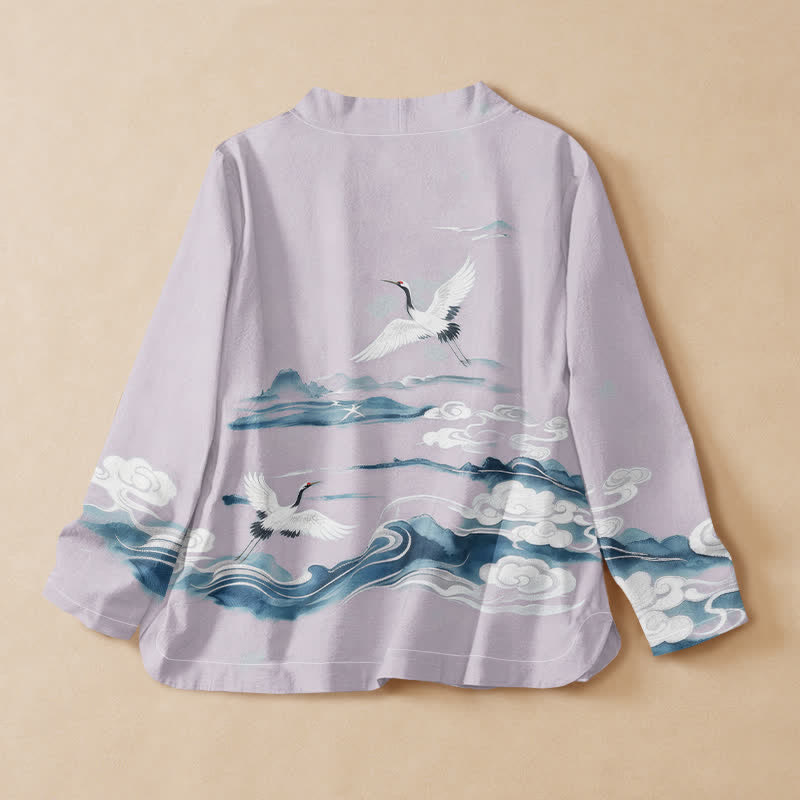 Buddha Stones Cotton Flying Crane Clouds Pattern Wrap V-Neck Lace-up Women's Long Sleeve Shirts - image 6