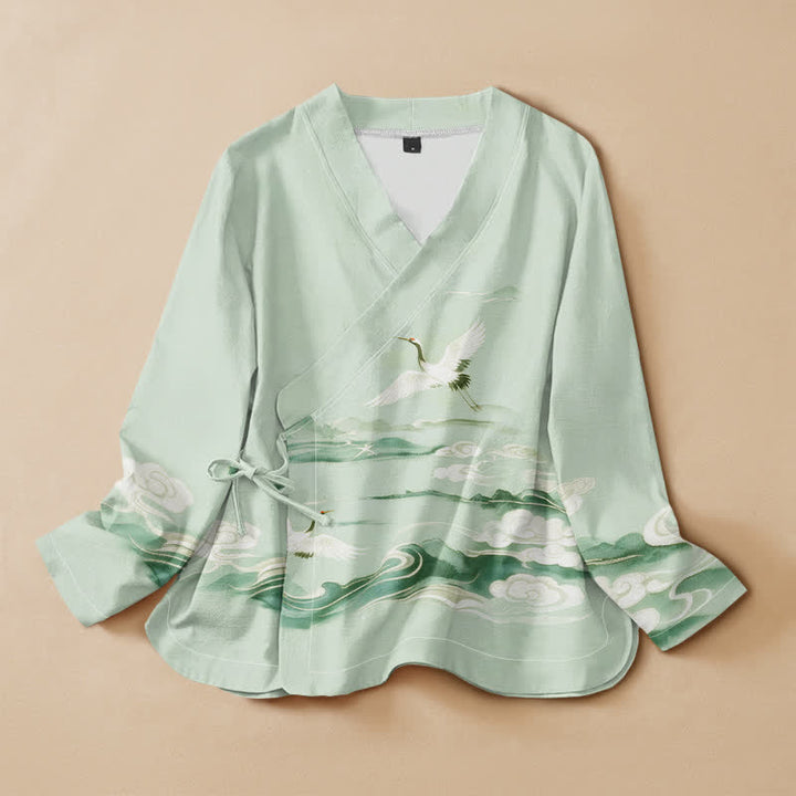 Buddha Stones Cotton Flying Crane Clouds Pattern Wrap V-Neck Lace-up Women's Long Sleeve Shirts - Aquamarine - US16，UK/AU20，EU48 (3XL) - image 7