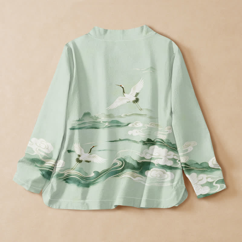 Buddha Stones Cotton Flying Crane Clouds Pattern Wrap V-Neck Lace-up Women's Long Sleeve Shirts - image 8