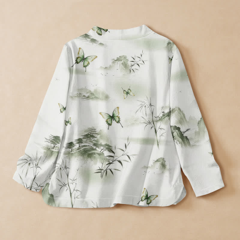 Buddha Stones Cotton Bamboo Butterfly Print Hanfu Style Wrap V-Neck Lace-up Women's Long Sleeve Shirts - image 1
