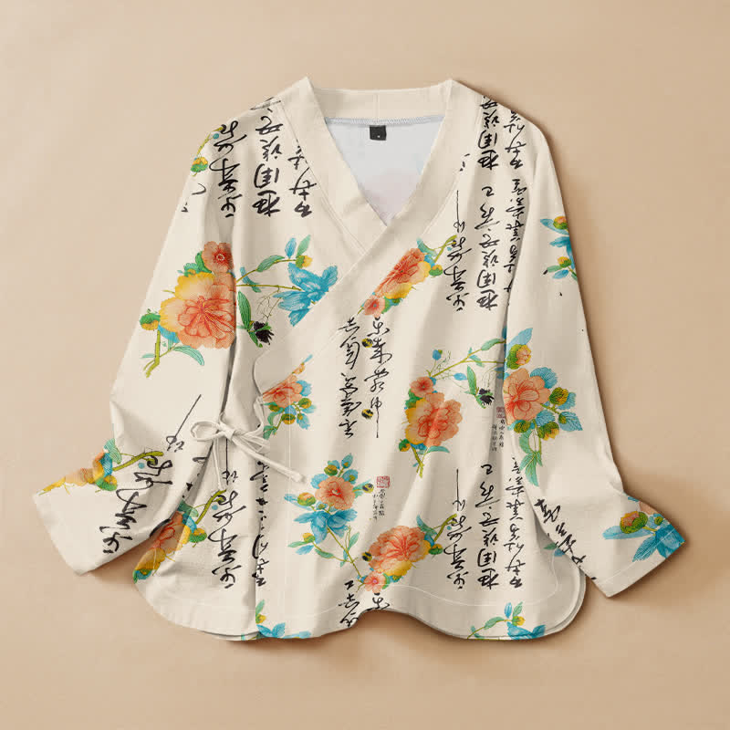 Buddha Stones Cotton Floral Calligraphy Print Hanfu Style Wrap V-Neck Lace-up Women's Long Sleeve Shirts Kimono - Ivory - US16，UK/AU20，EU48 (3XL) - image 0