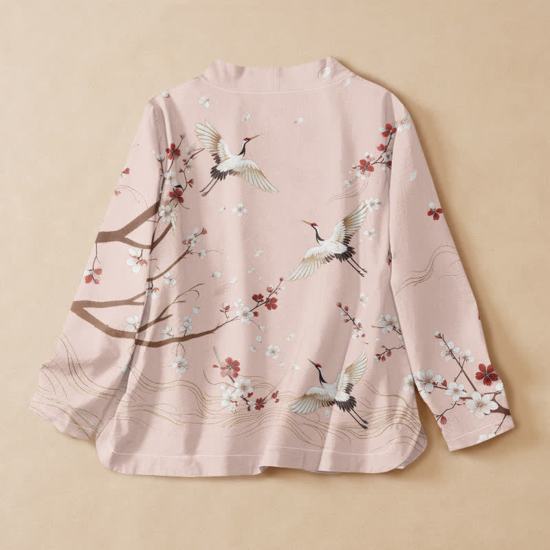 Buddha Stones Cotton Crane Plum Blossom Print Hanfu Style Wrap V-Neck Lace-up Women's Long Sleeve Shirts Kimono - image 1