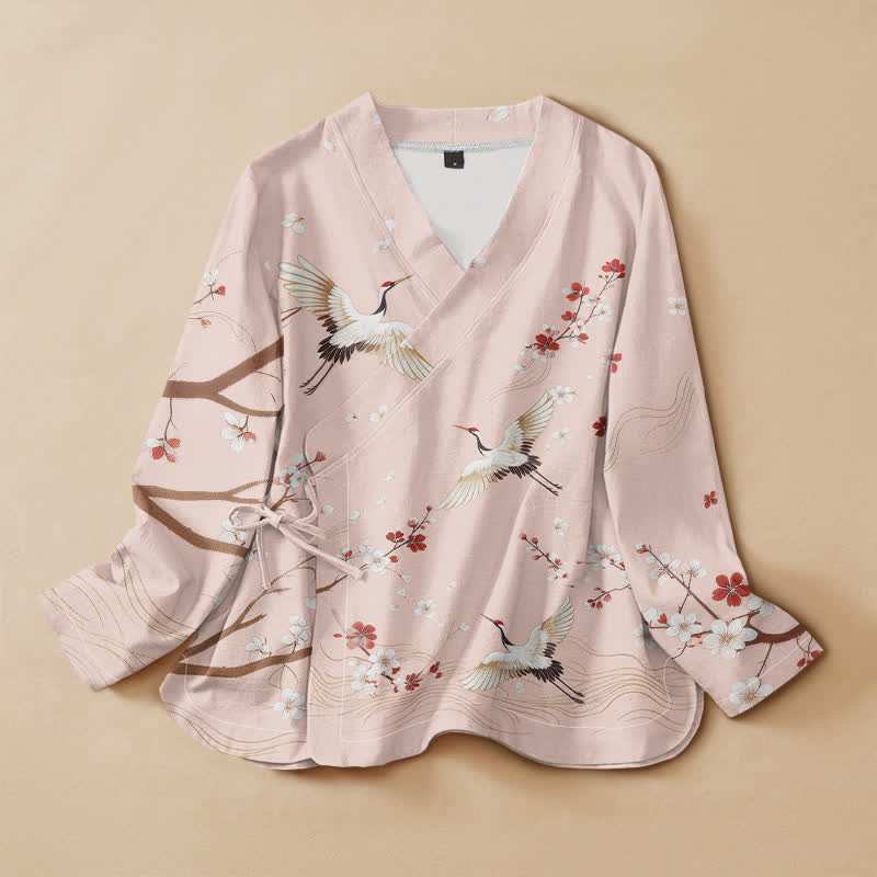 Buddha Stones Cotton Crane Plum Blossom Print Hanfu Style Wrap V-Neck Lace-up Women's Long Sleeve Shirts - LavenderBlush - US16，UK/AU20，EU48 (3XL) - image 0
