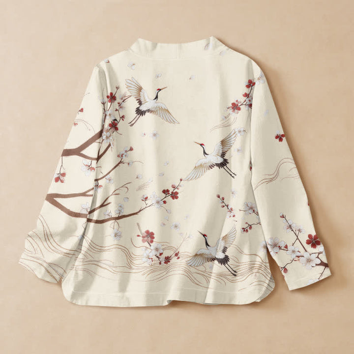 Buddha Stones Cotton Crane Plum Blossom Print Hanfu Style Wrap V-Neck Lace-up Women's Long Sleeve Shirts Kimono - image 6