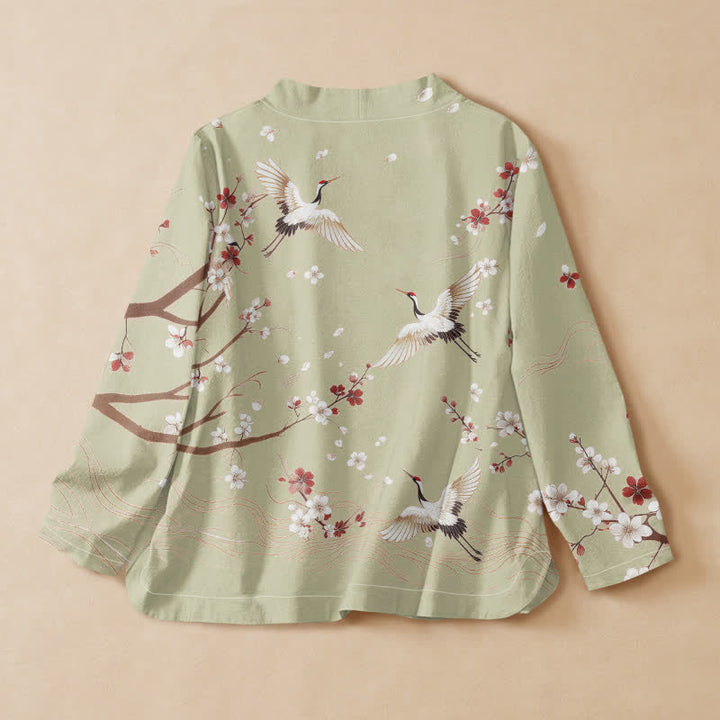 Buddha Stones Cotton Crane Plum Blossom Print Hanfu Style Wrap V-Neck Lace-up Women's Long Sleeve Shirts Kimono - image 8