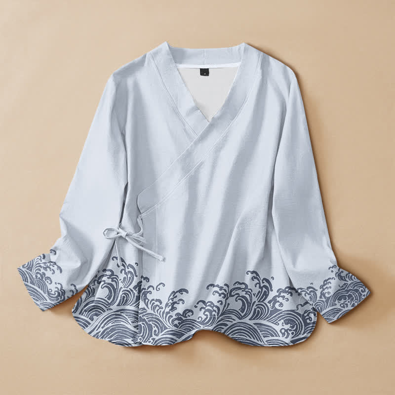Buddha Stones Cotton Ocean Wave Print Hanfu Style Wrap V-Neck Lace-up Women's Long Sleeve Shirts Kimono - LightBlue - US16，UK/AU20，EU48 (3XL) - image 0