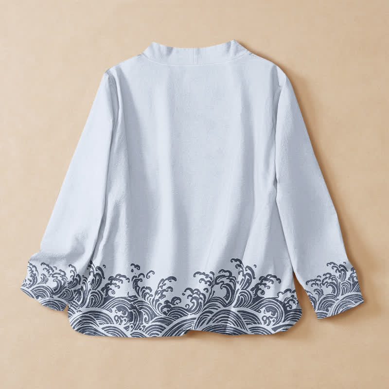 Buddha Stones Cotton Ocean Wave Print Hanfu Style Wrap V-Neck Lace-up Women's Long Sleeve Shirts - image 1