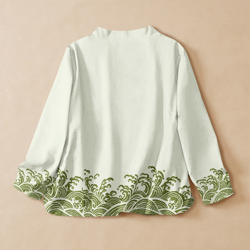 Buddha Stones Cotton Ocean Wave Print Hanfu Style Wrap V-Neck Lace-up Women's Long Sleeve Shirts Kimono - image 8