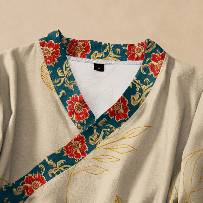 Buddha Stones Cotton Golden Leaf Red Flower Print Hanfu Style Wrap V-Neck Lace-up Women's Long Sleeve Shirts Kimono - image 2
