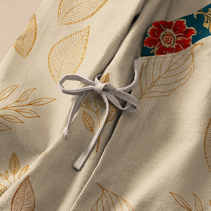 Buddha Stones Cotton Golden Leaf Red Flower Print Hanfu Style Wrap V-Neck Lace-up Women's Long Sleeve Shirts Kimono - image 3