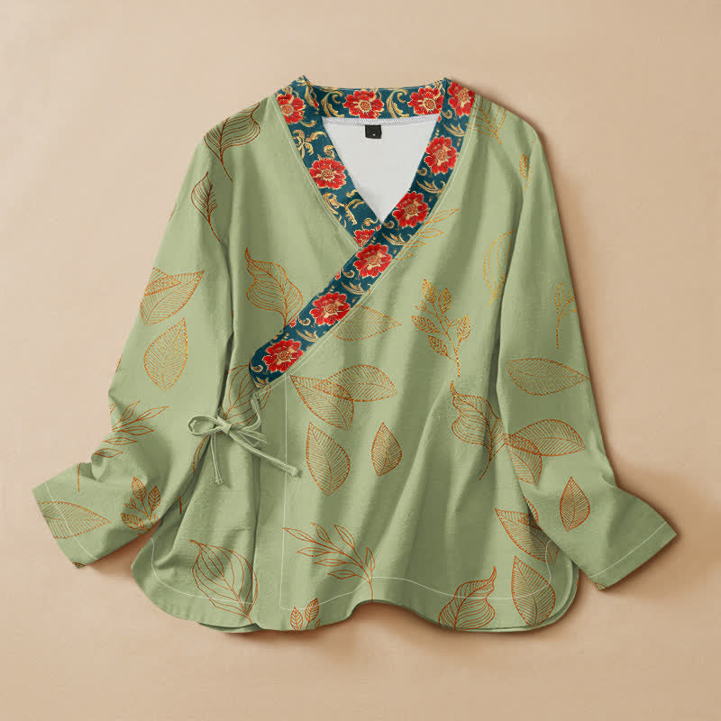 Buddha Stones Cotton Golden Leaf Red Flower Print Hanfu Style Wrap V-Neck Lace-up Women's Long Sleeve Shirts Kimono - PaleGreen - US16，UK/AU20，EU48 (3XL) - image 5