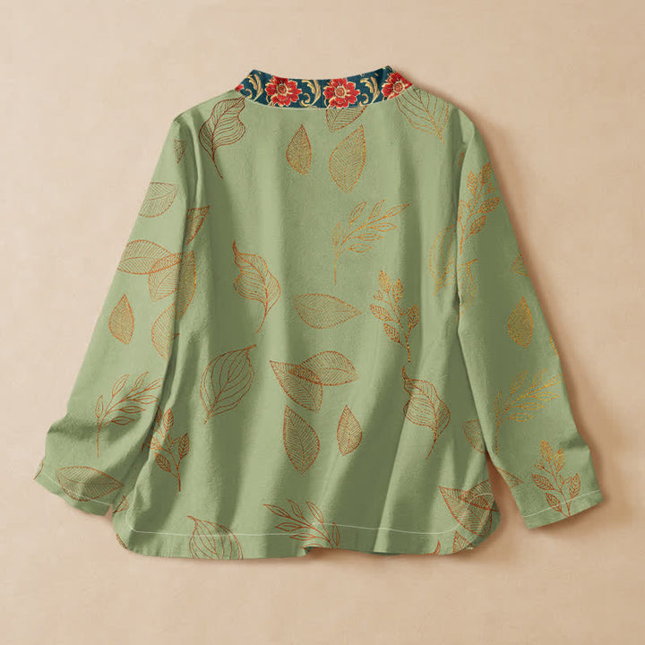 Buddha Stones Cotton Golden Leaf Red Flower Print Hanfu Style Wrap V-Neck Lace-up Women's Long Sleeve Shirts Kimono - image 6