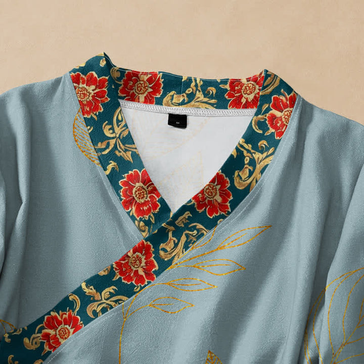 Buddha Stones Cotton Golden Leaf Red Flower Print Hanfu Style Wrap V-Neck Lace-up Women's Long Sleeve Shirts Kimono - image 9