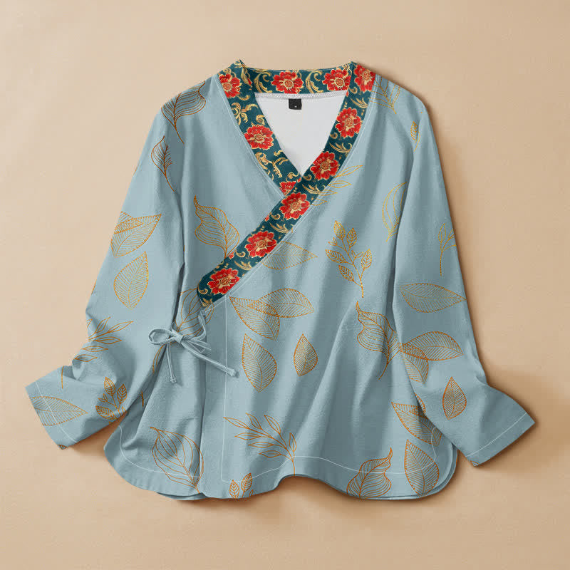 Buddha Stones Cotton Golden Leaf Red Flower Print Hanfu Style Wrap V-Neck Lace-up Women's Long Sleeve Shirts Kimono - LightBlue - US16，UK/AU20，EU48 (3XL) - image 7