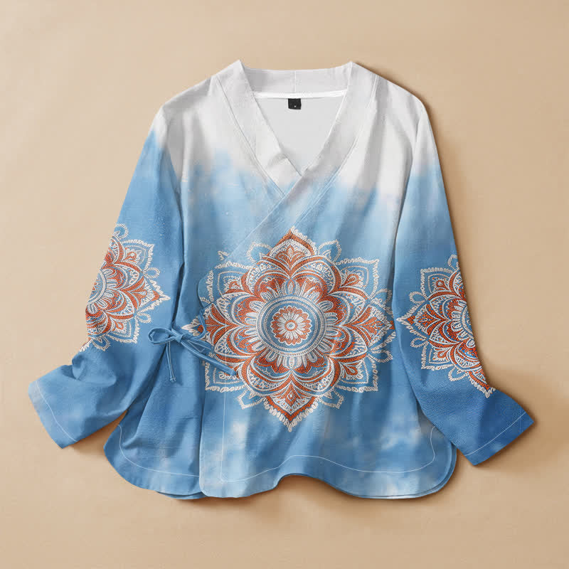 Buddha Stones Cotton Boho Mandala Print Hanfu Style Wrap V-Neck Lace-up Women's Long Sleeve Shirts - SkyBlue - US16，UK/AU20，EU48 (3XL) - image 0