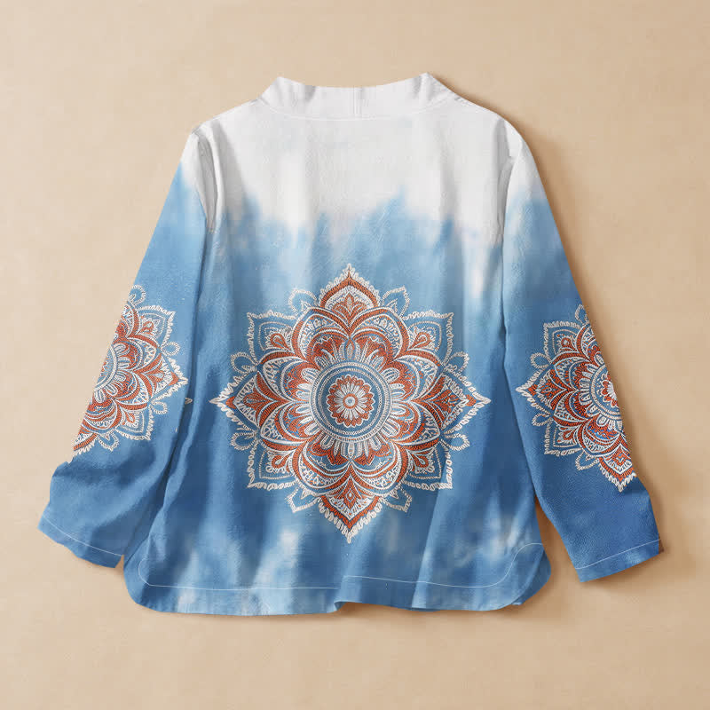 Buddha Stones Cotton Boho Mandala Print Hanfu Style Wrap V-Neck Lace-up Women's Long Sleeve Shirts Kimono - image 1
