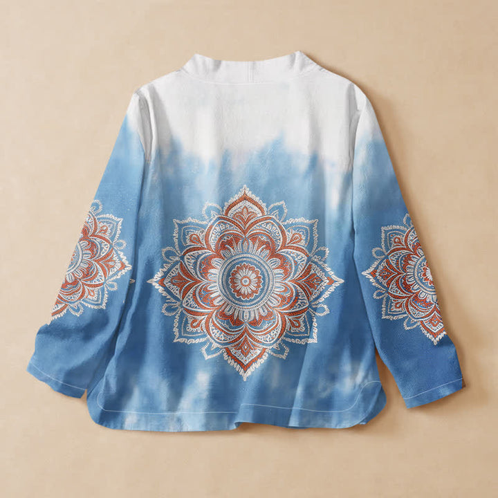 Buddha Stones Cotton Boho Mandala Print Hanfu Style Wrap V-Neck Lace-up Women's Long Sleeve Shirts - image 1