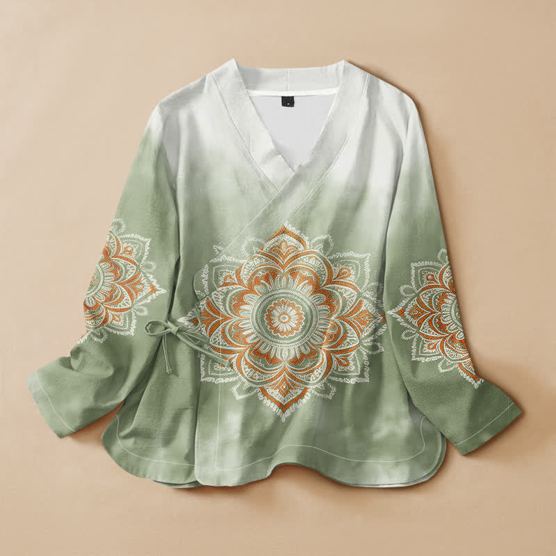 Buddha Stones Cotton Boho Mandala Print Hanfu Style Wrap V-Neck Lace-up Women's Long Sleeve Shirts - DarkSeaGreen - US16，UK/AU20，EU48 (3XL) - image 5