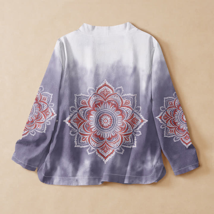 Buddha Stones Cotton Boho Mandala Print Hanfu Style Wrap V-Neck Lace-up Women's Long Sleeve Shirts - image 8