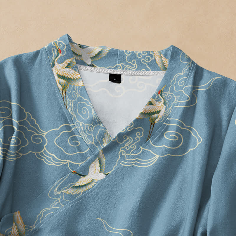 Buddha Stones Cotton Crane Auspicious Cloud Print Wrap V-Neck Lace-up Women's Long Sleeve Shirts Kimono - image 2