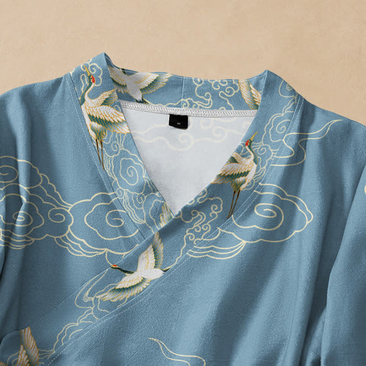 Buddha Stones Cotton Crane Auspicious Cloud Print Wrap V-Neck Lace-up Women's Long Sleeve Shirts Kimono - image 2