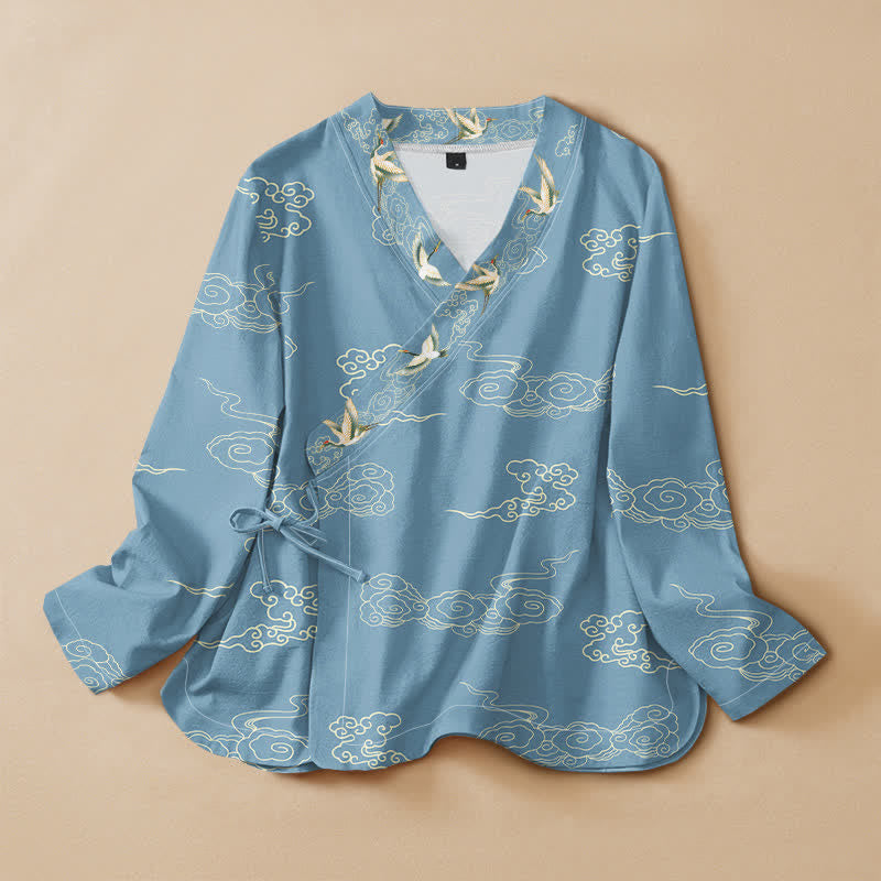Buddha Stones Cotton Crane Auspicious Cloud Print Wrap V-Neck Lace-up Women's Long Sleeve Shirts - PowderBlue - US16，UK/AU20，EU48 (3XL) - image 0