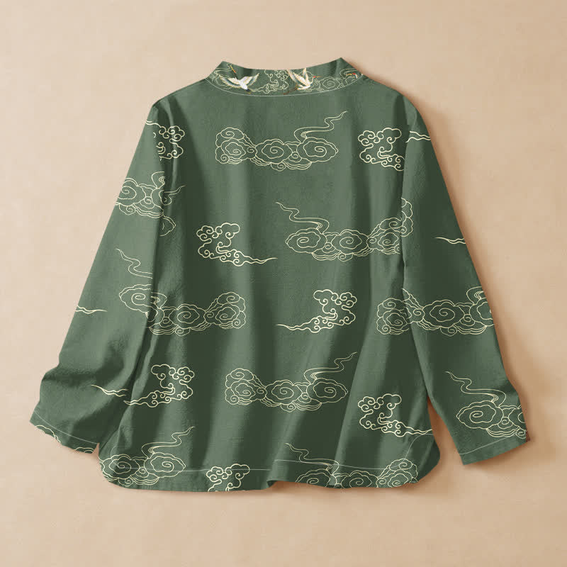 Buddha Stones Cotton Crane Auspicious Cloud Print Wrap V-Neck Lace-up Women's Long Sleeve Shirts Kimono - image 8
