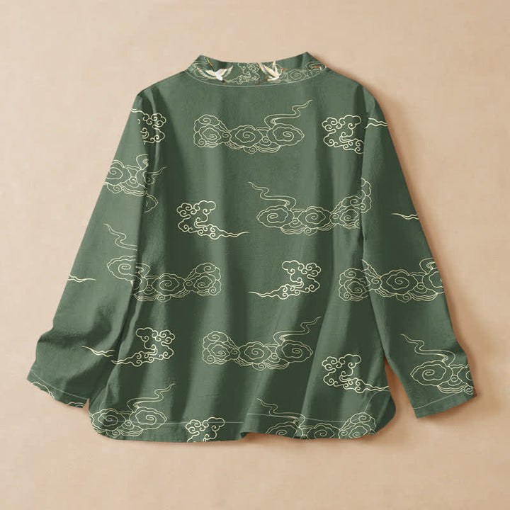 Buddha Stones Cotton Crane Auspicious Cloud Print Wrap V-Neck Lace-up Women's Long Sleeve Shirts Kimono - image 8