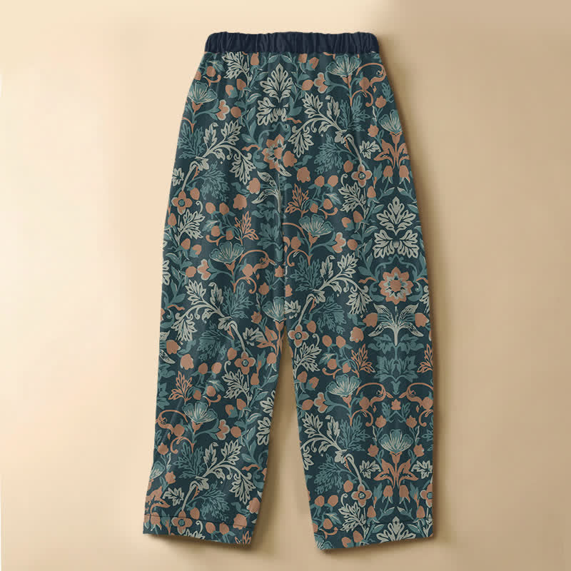 Buddha Stones Pure Cotton Bohemian Floral Vine Pattern Frog Button Women's Elastic Waist Harem Pants With Pockets - image 8
