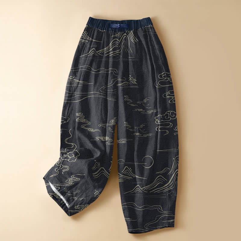 Buddha Stones Pure Cotton Vintage Mountain Cloud Pattern Frog Button Women's Elastic Waist Harem Pants With Pockets - Black - US16，UK/AU20，EU48 (3XL) - image 0