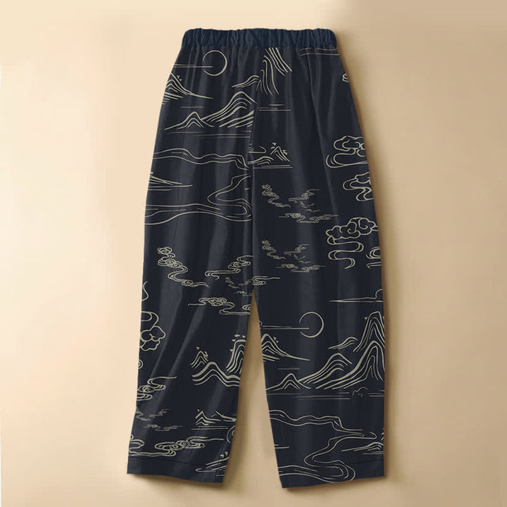 Buddha Stones Pure Cotton Vintage Mountain Cloud Pattern Frog Button Women's Elastic Waist Harem Pants With Pockets - image 1
