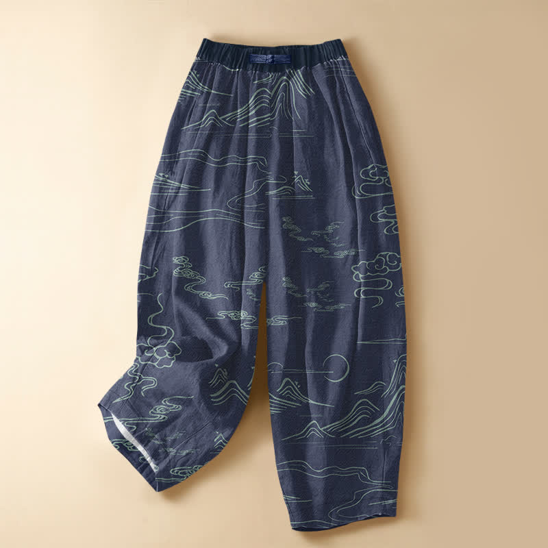Buddha Stones Pure Cotton Vintage Mountain Cloud Pattern Frog Button Women's Elastic Waist Harem Pants With Pockets - SteelBlue - US16，UK/AU20，EU48 (3XL) - image 5