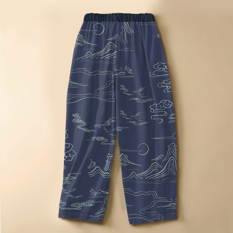 Buddha Stones Pure Cotton Vintage Mountain Cloud Pattern Frog Button Women's Elastic Waist Harem Pants With Pockets - image 6