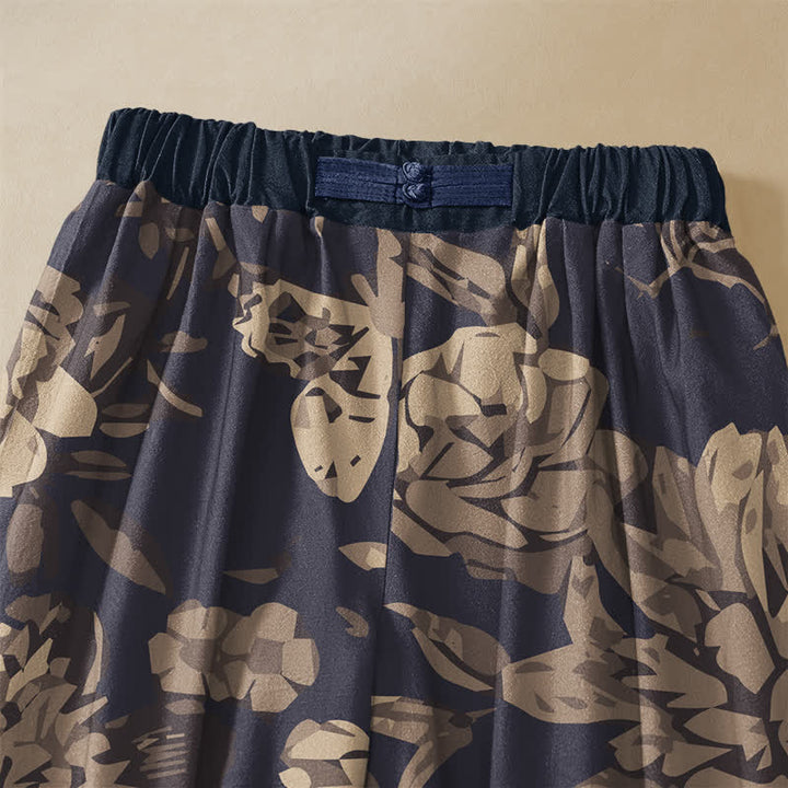 Buddha Stones Pure Cotton Peony Flowers Leaves Pattern Frog Button Women's Elastic Waist Harem Pants With Pockets - image 2